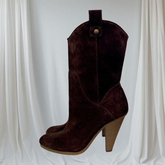 AEO Boho Brown Suede Leather Western Cowboy Mid Calf Heeled Boots US 7 - Picture 1 of 8